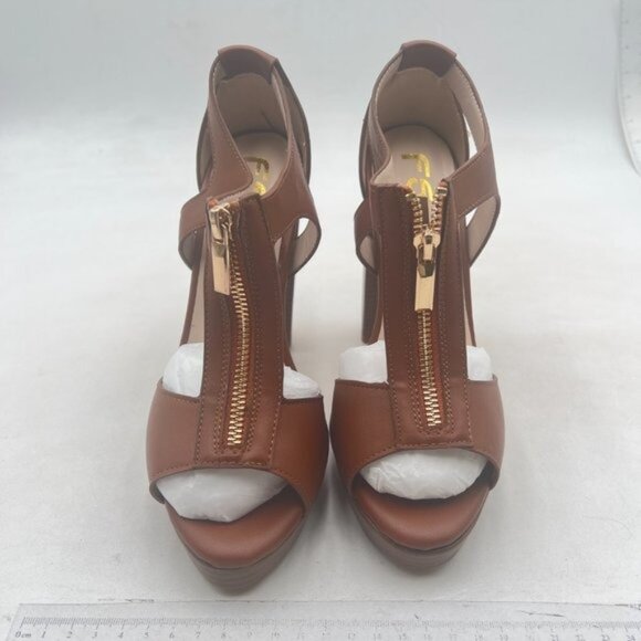 FSJ Brown Peep Open Toe T-Strap Front Zipper Chunky Stacked High Heel Sandal - Picture 3 of 8
